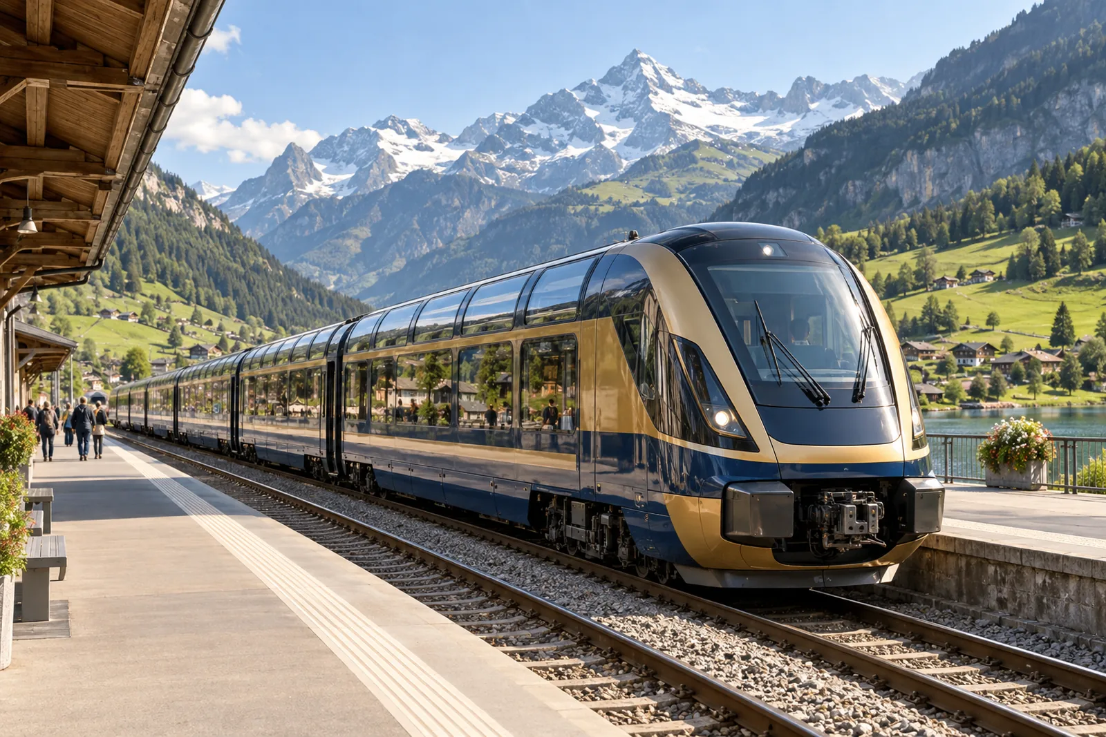 Panoramazug des GoldenPass Express an einem Schweizer Bahnhof
