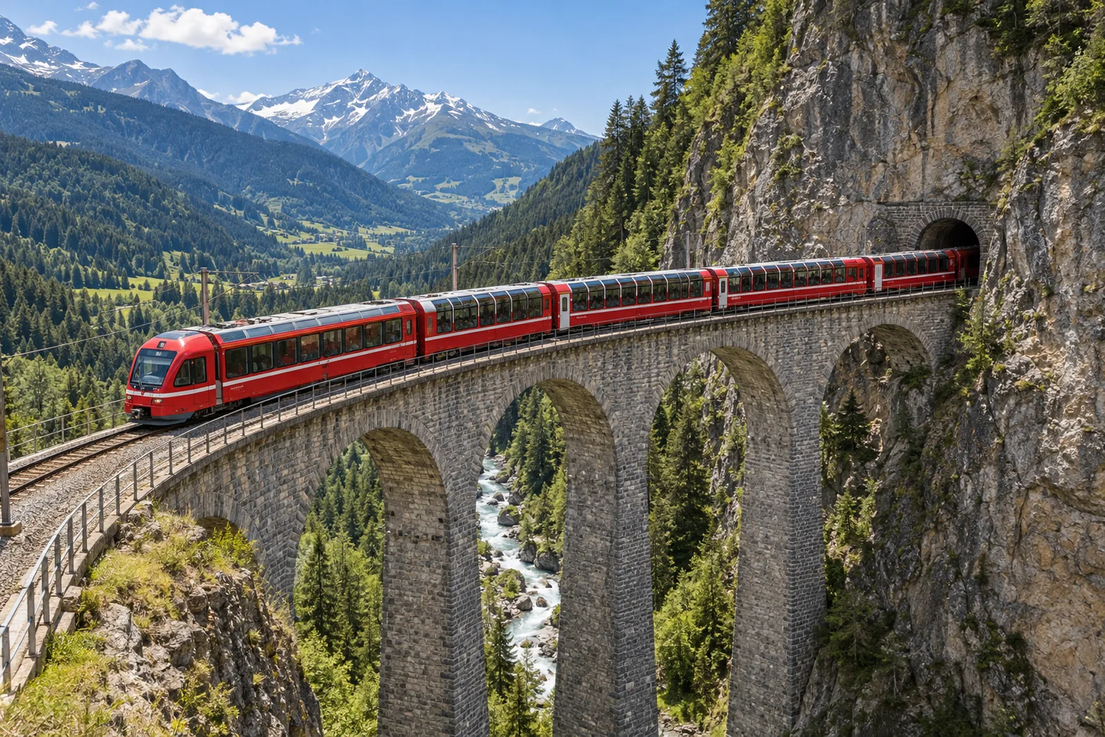 Roter Bernina-Express-Zug auf dem Landwasserviadukt bei Filisur