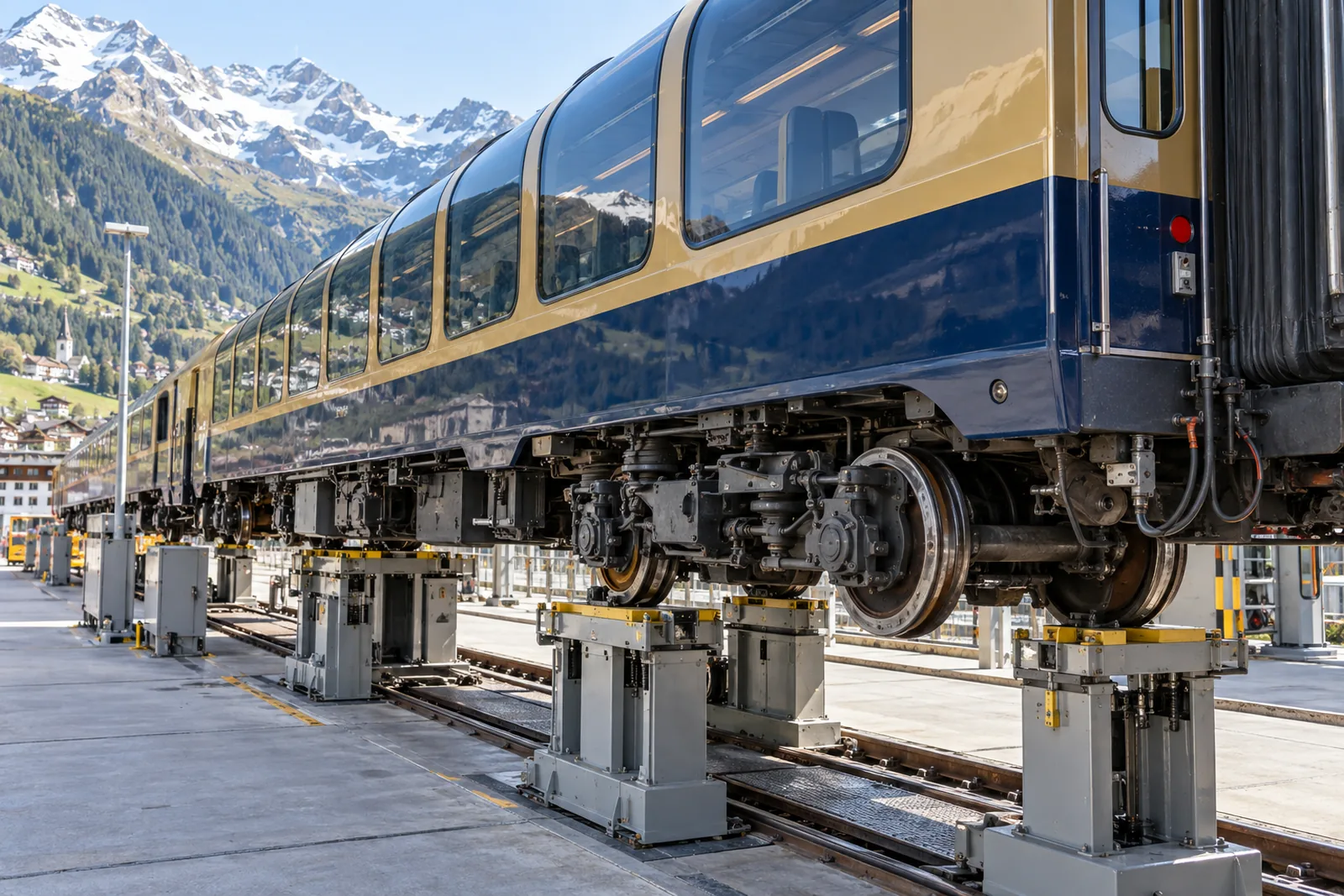 Panoramawagen des GoldenPass Express während des Spurwechsel-Vorgangs am Bahnhof Zweisimmen