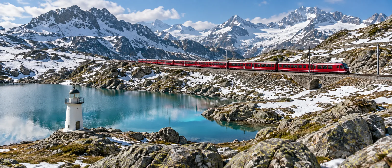 Der Glacier Express am Oberalppass mit einem kleinen weissen Leuchtturm am Ufer des Lai da Tuma