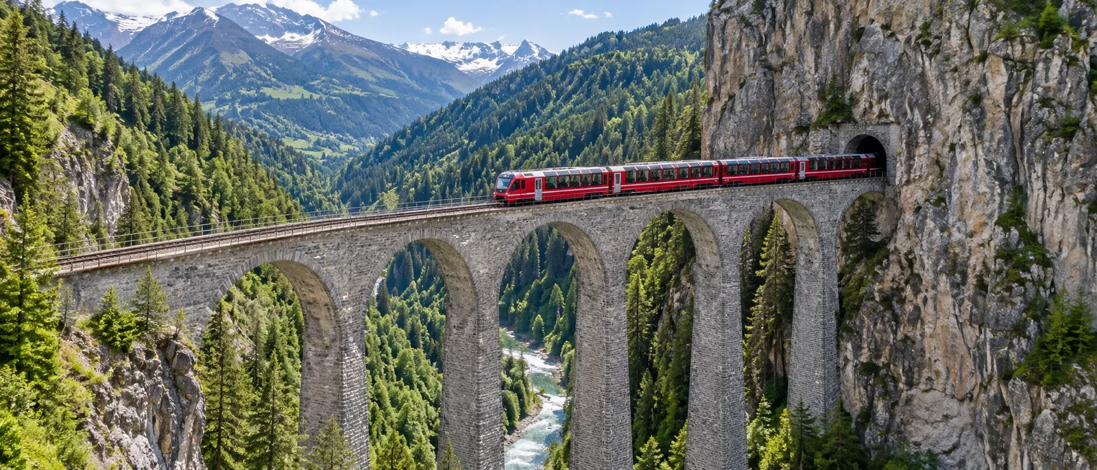 Der Bernina Express überquert das 65 Meter hohe Landwasserviadukt bei Filisur