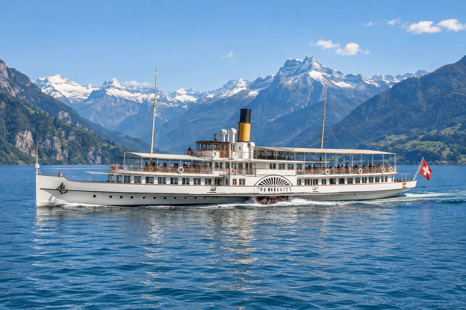 Historisches Dampfschiff auf dem Vierwaldstättersee vor Bergkulisse