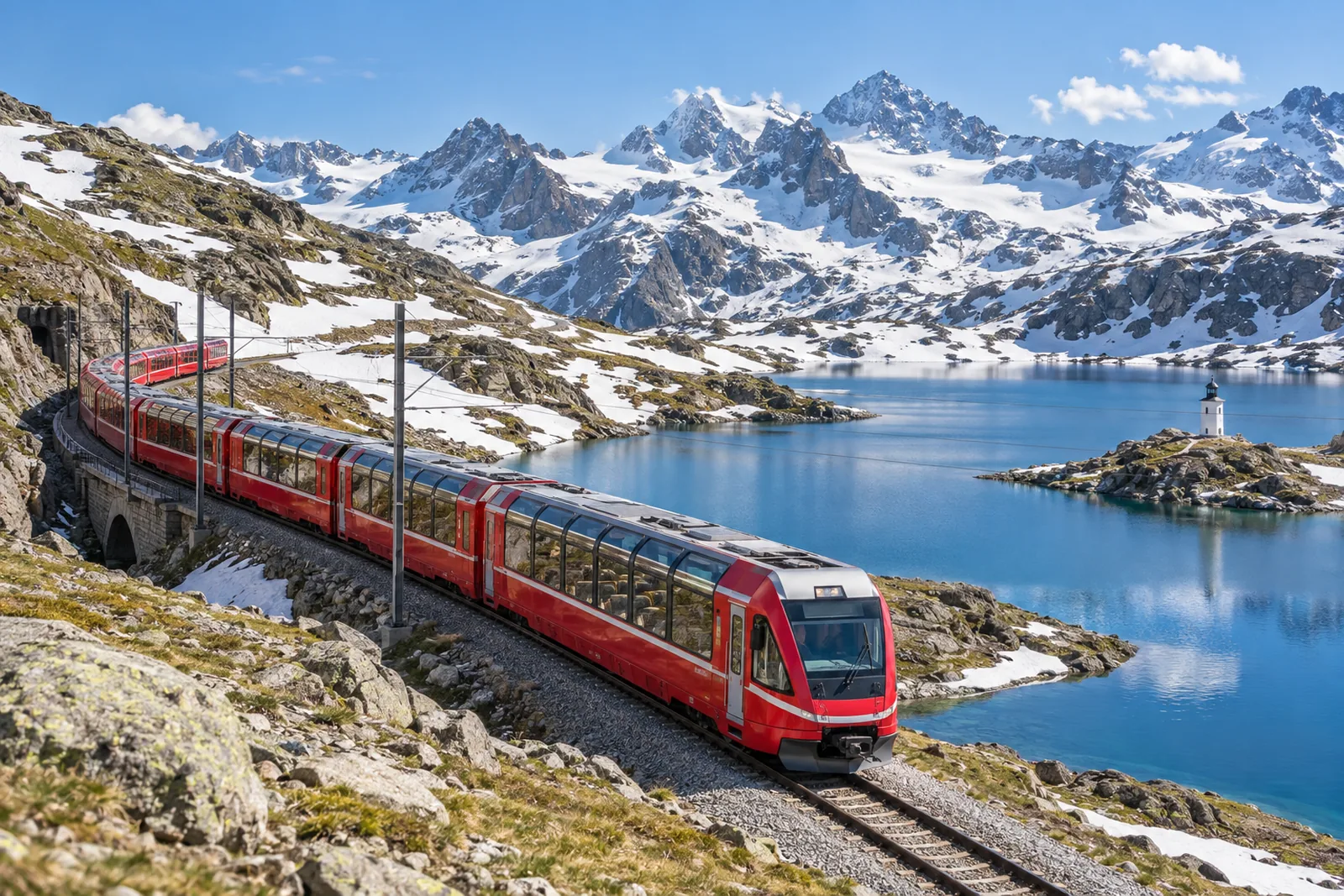 Roter Glacier-Express-Panoramawagen am Oberalppass mit Schneefeldern