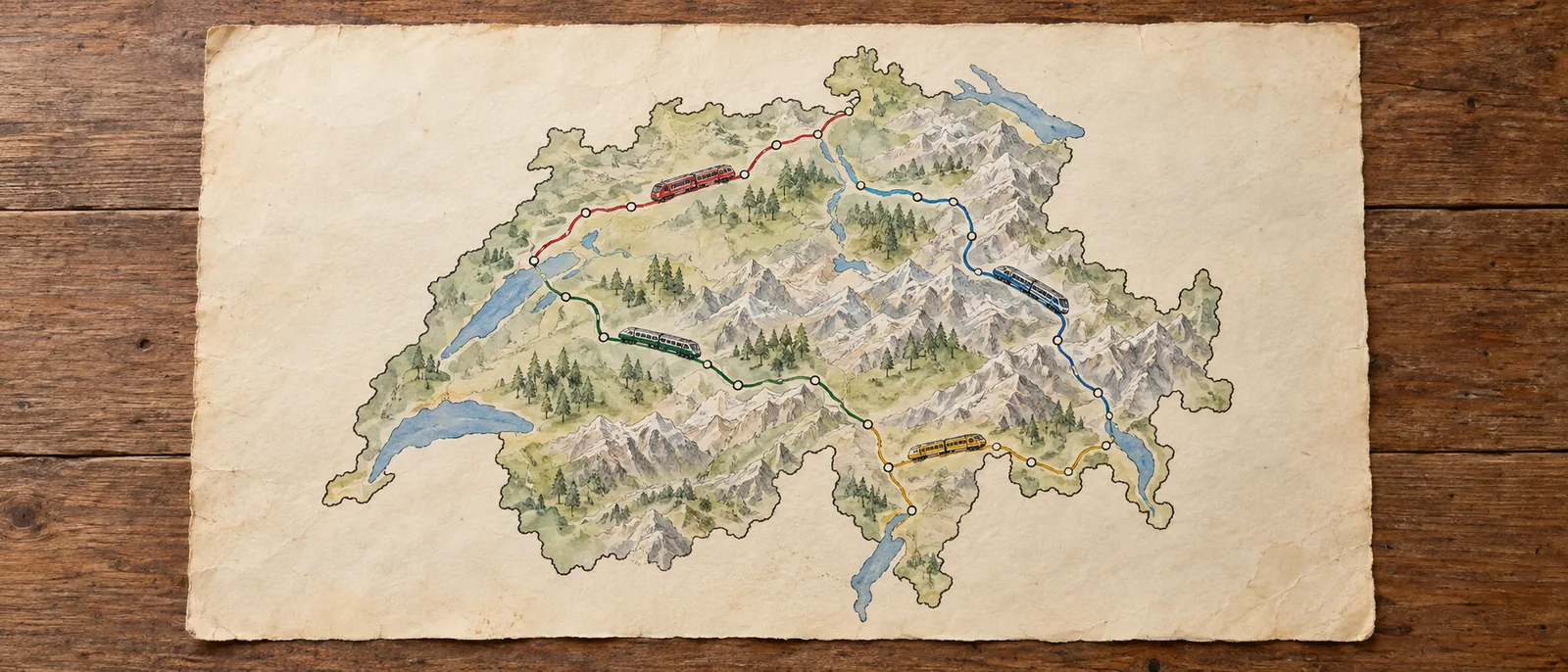 Eine handgezeichnete Kartenskizze der Schweiz mit vier eingezeichneten Bahnrouten auf gealtertem Papier
