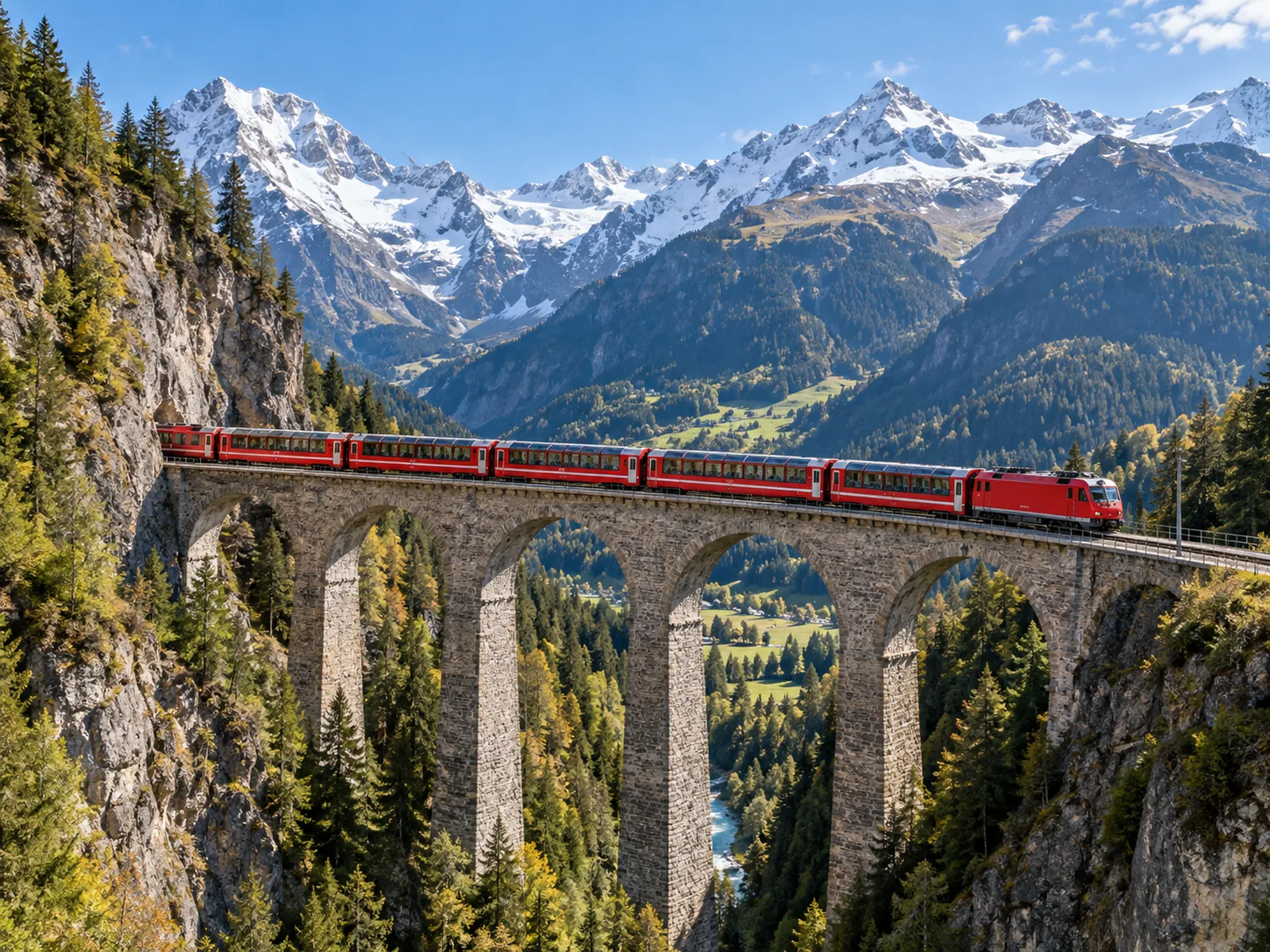 Roter Panoramazug auf einem hohen Steinviadukt vor schneebedeckten Alpengipfeln