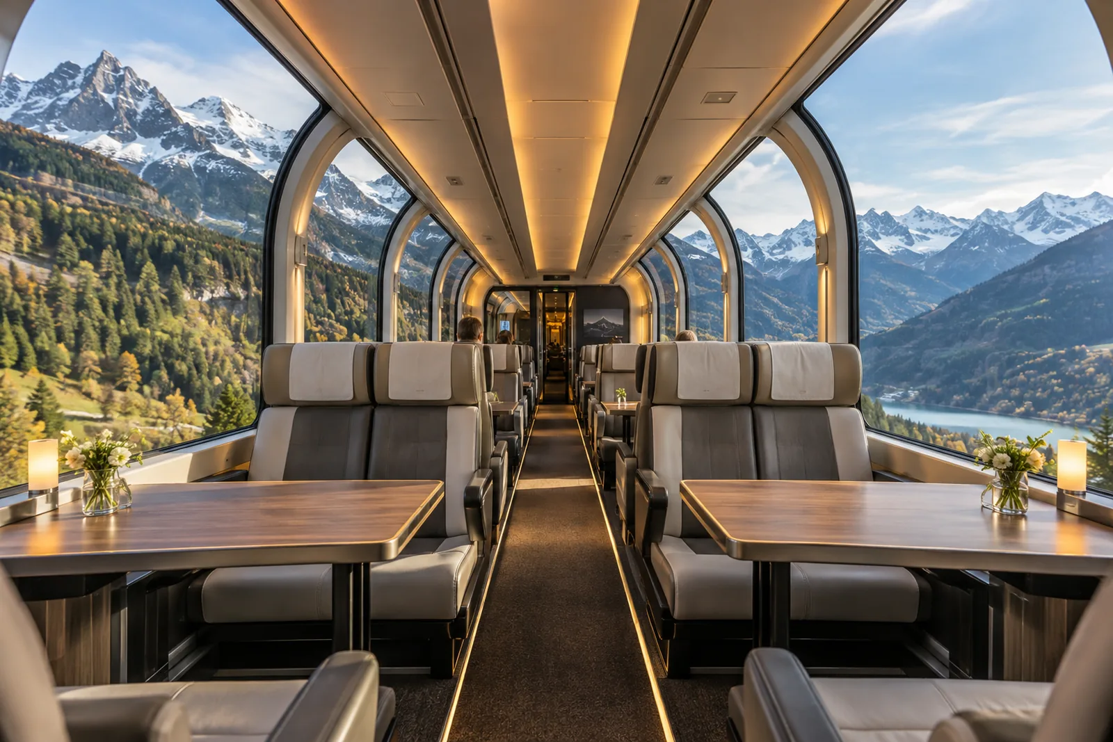 Innenraum eines Excellence-Klasse-Panoramawagens des Glacier Express mit Tisch-Sitzgruppen