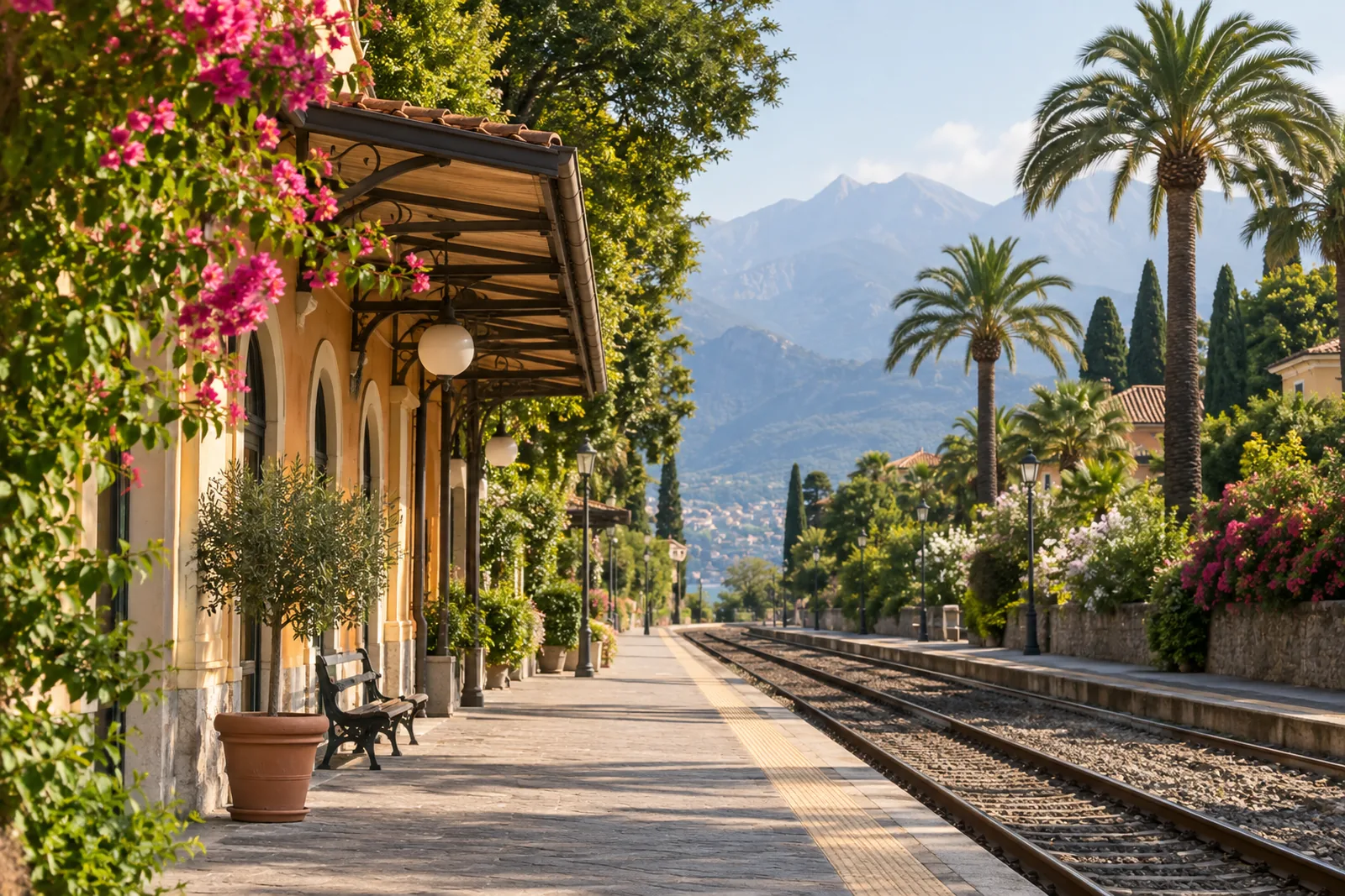 Palmen und mediterrane Vegetation am Bahnhof von Tirano in Italien