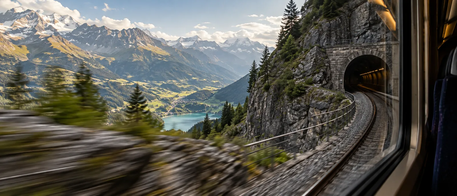 Blick aus dem Panoramafenster eines Schweizer Zuges auf eine Berglandschaft mit Tunnelportal